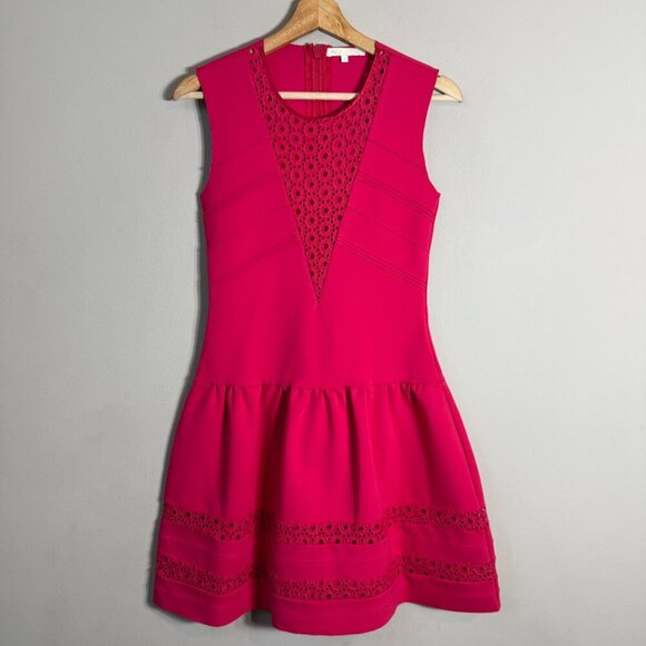 Maje Eyelet Scuba Fit & Flare Mini Dress Women's 2 Medium Pink Cocktail Party - Picture 5 of 13